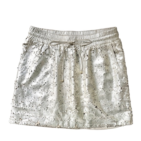 Anthro Leifsdottir Sliced Sliverfield Skirt Gold Leather Floral Mini Skirt, 2 - Picture 3 of 9